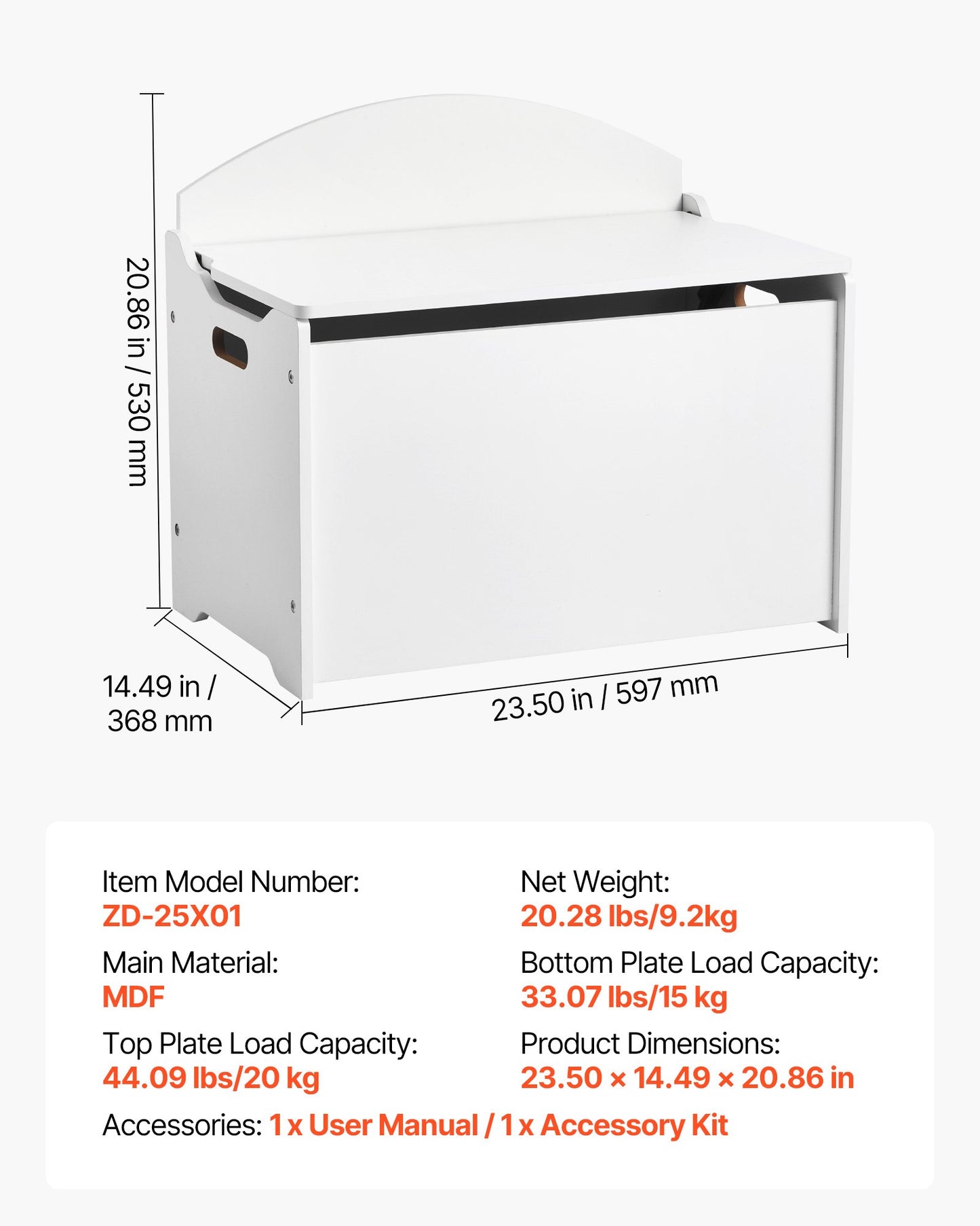 Kids Storage Bench, Wooden Toy Box Chest with Backrest, Large Storage Cabinet with Safety Hinge, Toddlers Storage Bench for Playroom, Living Room or Entryway, 23.5 x 14.5 x 21.46 in, White