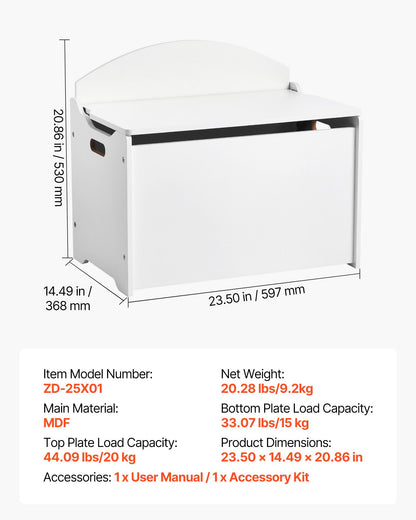 Kids Storage Bench, Wooden Toy Box Chest with Backrest, Large Storage Cabinet with Safety Hinge, Toddlers Storage Bench for Playroom, Living Room or Entryway, 23.5 x 14.5 x 21.46 in, White