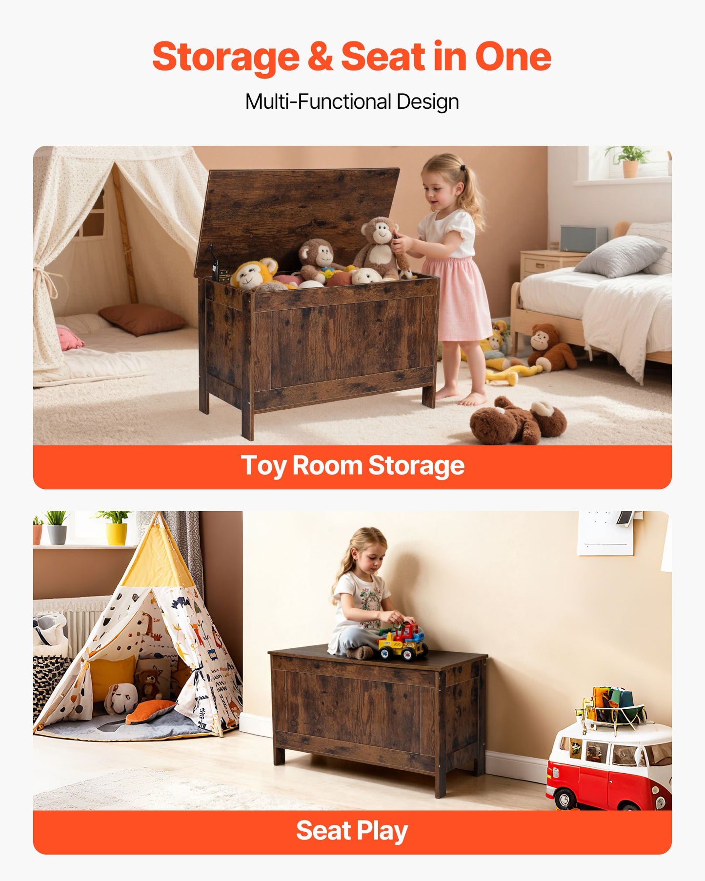 Kids Storage Bench, Wooden Toy Box Chest, Large Storage Cabinet with Safety Hinge, Toddlers Retro Storage Bench for Playroom, Living Room or Entryway, 29.7 x 15.3 x 18.9 in, Easy Assembly, Brown