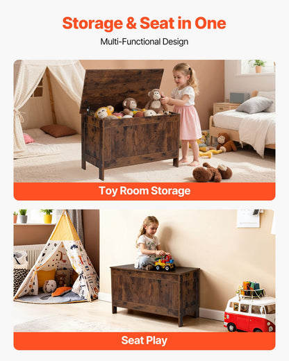 Kids Storage Bench, Wooden Toy Box Chest, Large Storage Cabinet with Safety Hinge, Toddlers Retro Storage Bench for Playroom, Living Room or Entryway, 29.7 x 15.3 x 18.9 in, Easy Assembly, Brown