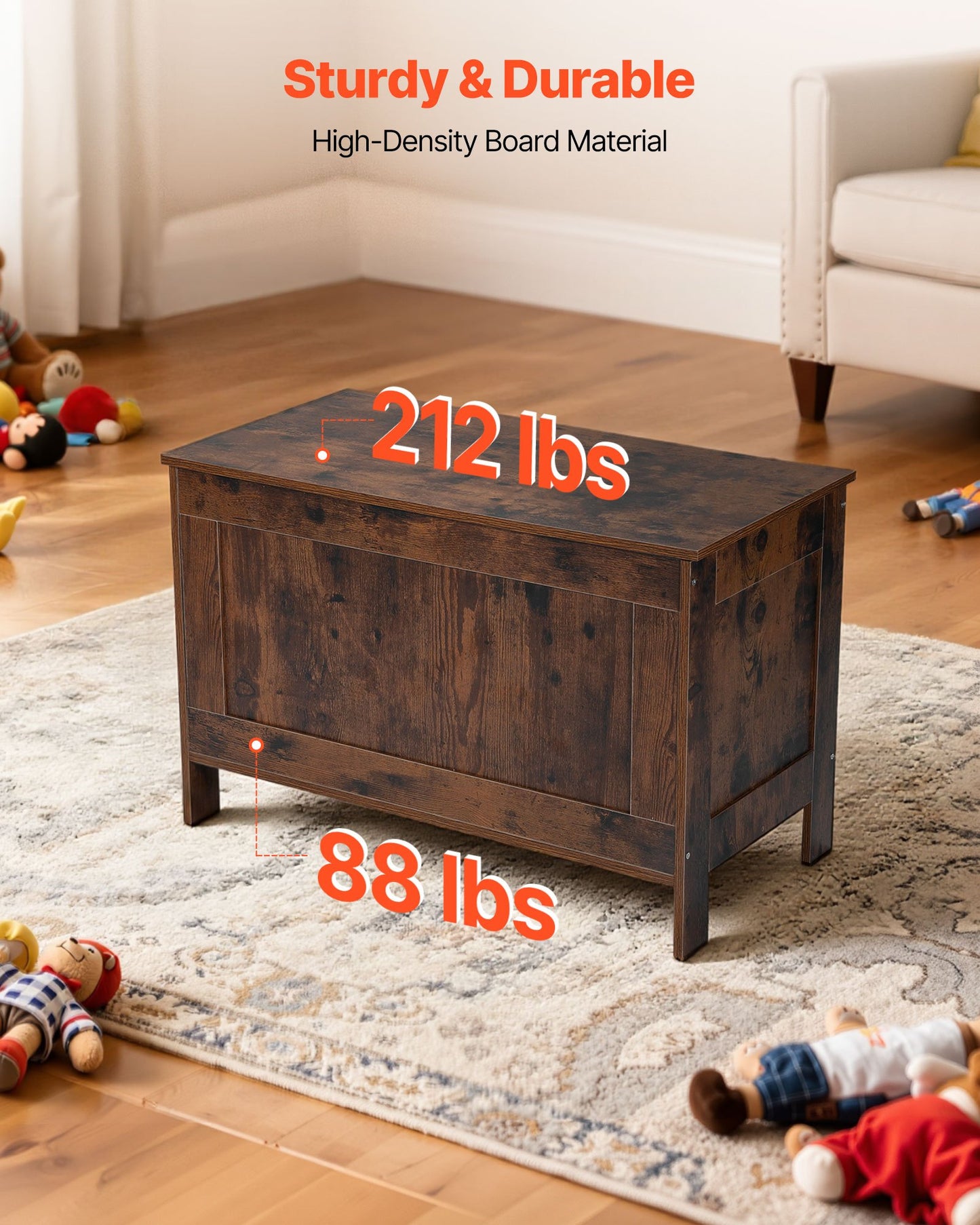 Kids Storage Bench, Wooden Toy Box Chest, Large Storage Cabinet with Safety Hinge, Toddlers Retro Storage Bench for Playroom, Living Room or Entryway, 29.7 x 15.3 x 18.9 in, Easy Assembly, Brown
