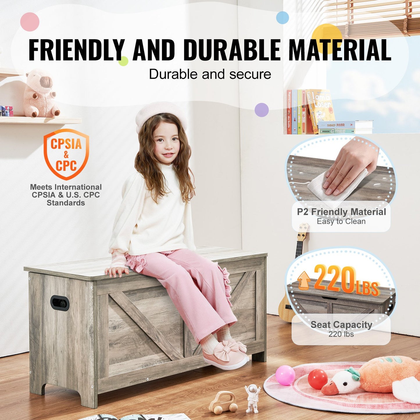 Barnleksaksförvaringsbänk Träleksakslåda Bröst 38,98 x 15,55 x 18,9 i grått