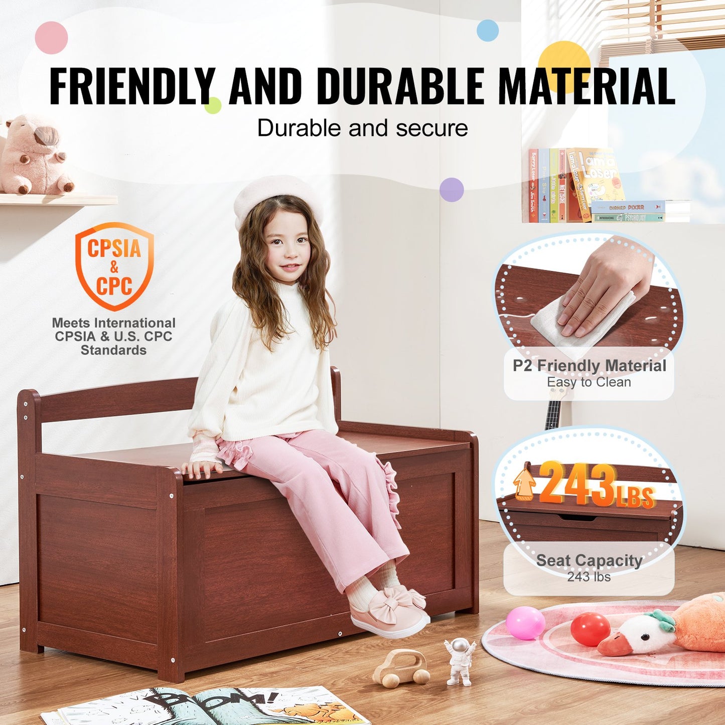 Barnleksaksförvaringsbänk Träleksakslåda Kista 32,68 x 17,91 x 24,02" Cherry