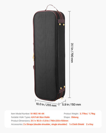 4/4 Full Size Violin Case, Built-in Hygrometer, Lightweight Portable Travel Carrying Bag, with Plush Lining, Shoulder Straps, Anti-Scratch, Professional Oblong Shape, for Violin, Black