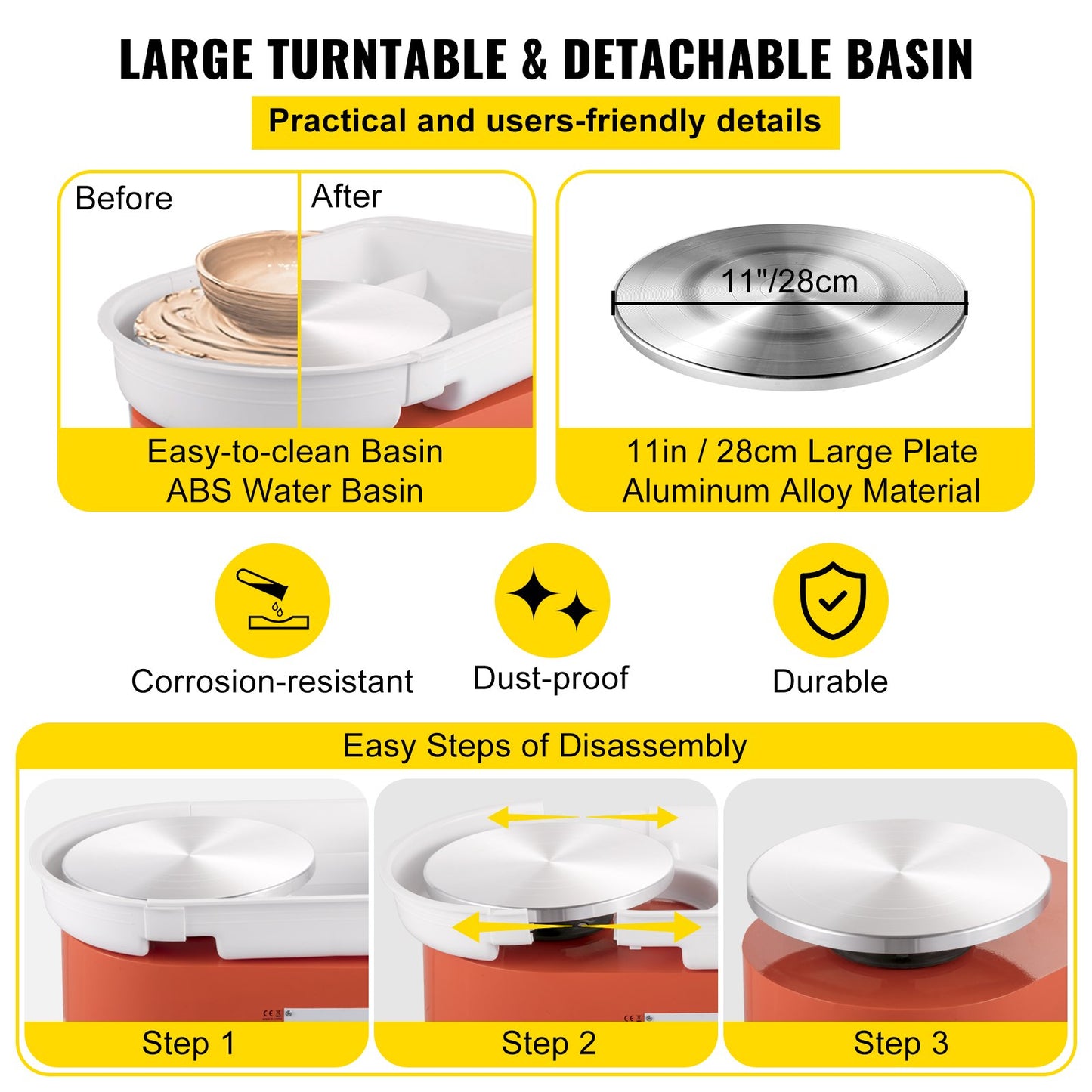Keramikhjul 11in 0-300 RPM Keramiskt hjul, 350W justerbar hastighetsformningsmaskin med skulpteringsverktyg och förkläde, löstagbar bassängfotpedalkontroll för konsthantverk och hemmagjorda DIY Orange