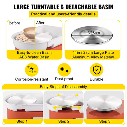 Keramikhjul 11in 0-300 RPM Keramiskt hjul, 350W justerbar hastighetsformningsmaskin med skulpteringsverktyg och förkläde, löstagbar bassängfotpedalkontroll för konsthantverk och hemmagjorda DIY Orange
