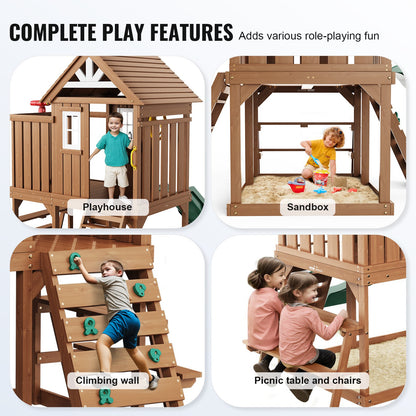 Outdoor Wooden Playhouse Kids Garden Game Cottage with Slide Ladder Window