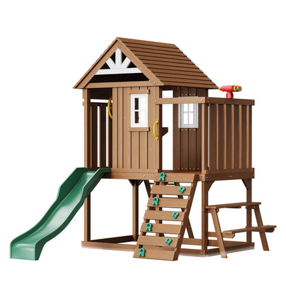 Outdoor-Spielhaus aus Holz für Kinder im Garten, Spielhütte mit Schiebeleiter und Fenster