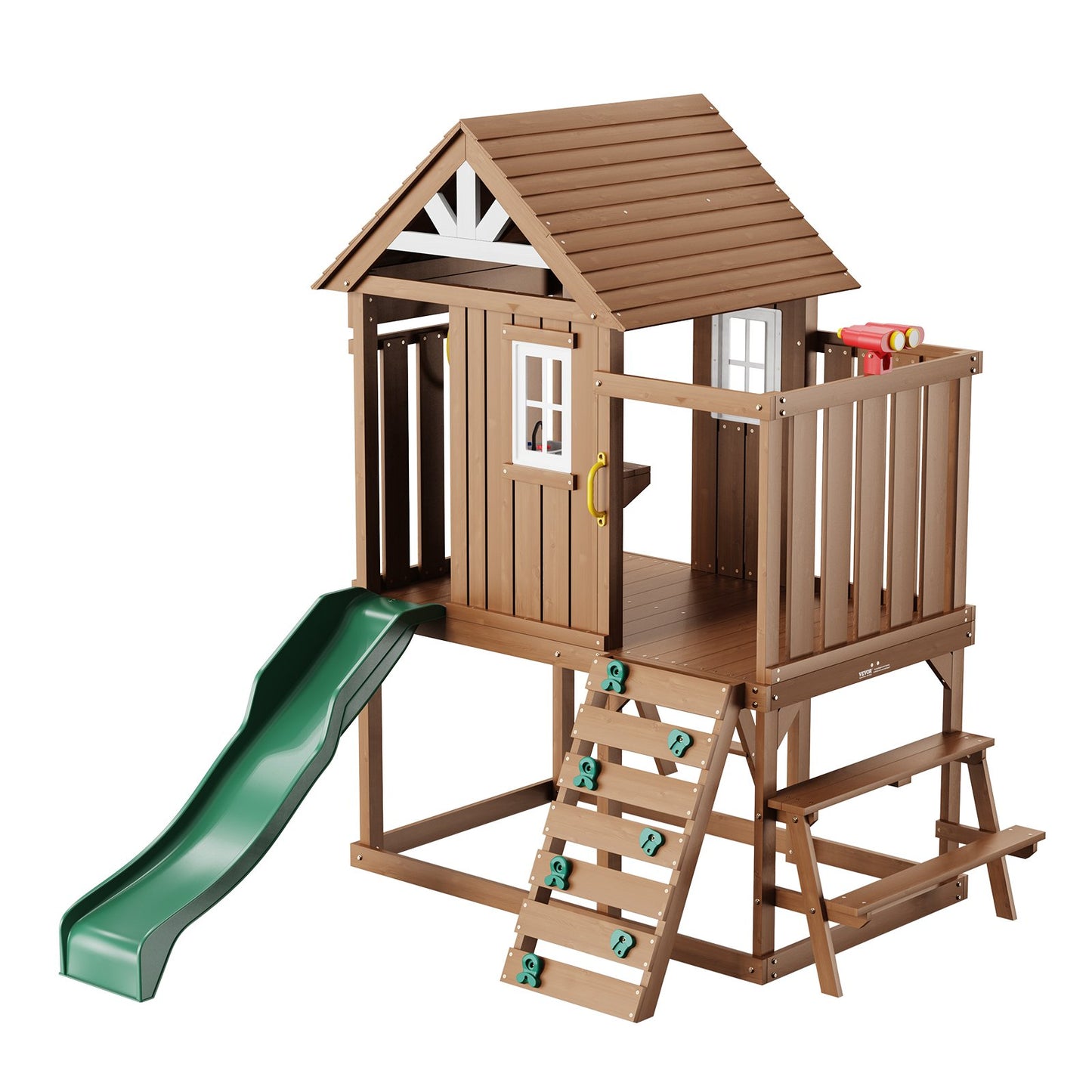 Outdoor-Spielhaus aus Holz für Kinder im Garten, Spielhütte mit Schiebeleiter und Fenster