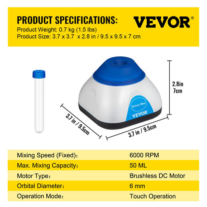 Vortex Mixer, 6000RPM Mini Vortex Mixer Shaker, Touch Function Scientific Lab Vortex Shaker, Mix Up to 50ML, 6mm Orbital Diameter for Test Tube, Tattoo Ink, Nail Polish, Eyelash Adhesives, Paint