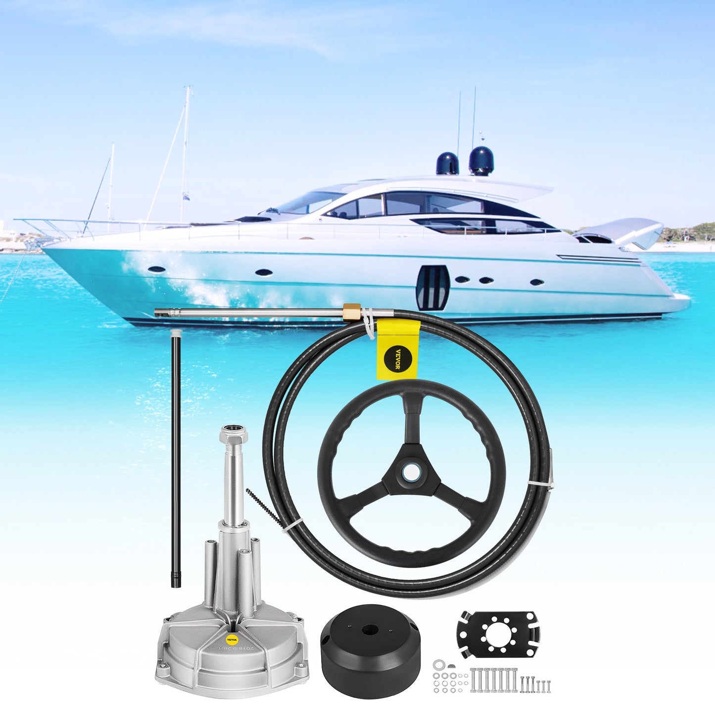 Outboard Steering System 10\' Boat Steering Cable 10 Feet Marine Steering System 3/4\'\' Shaft with 13.5 Inch Wheel for Yachts and Waterborne Vehicles