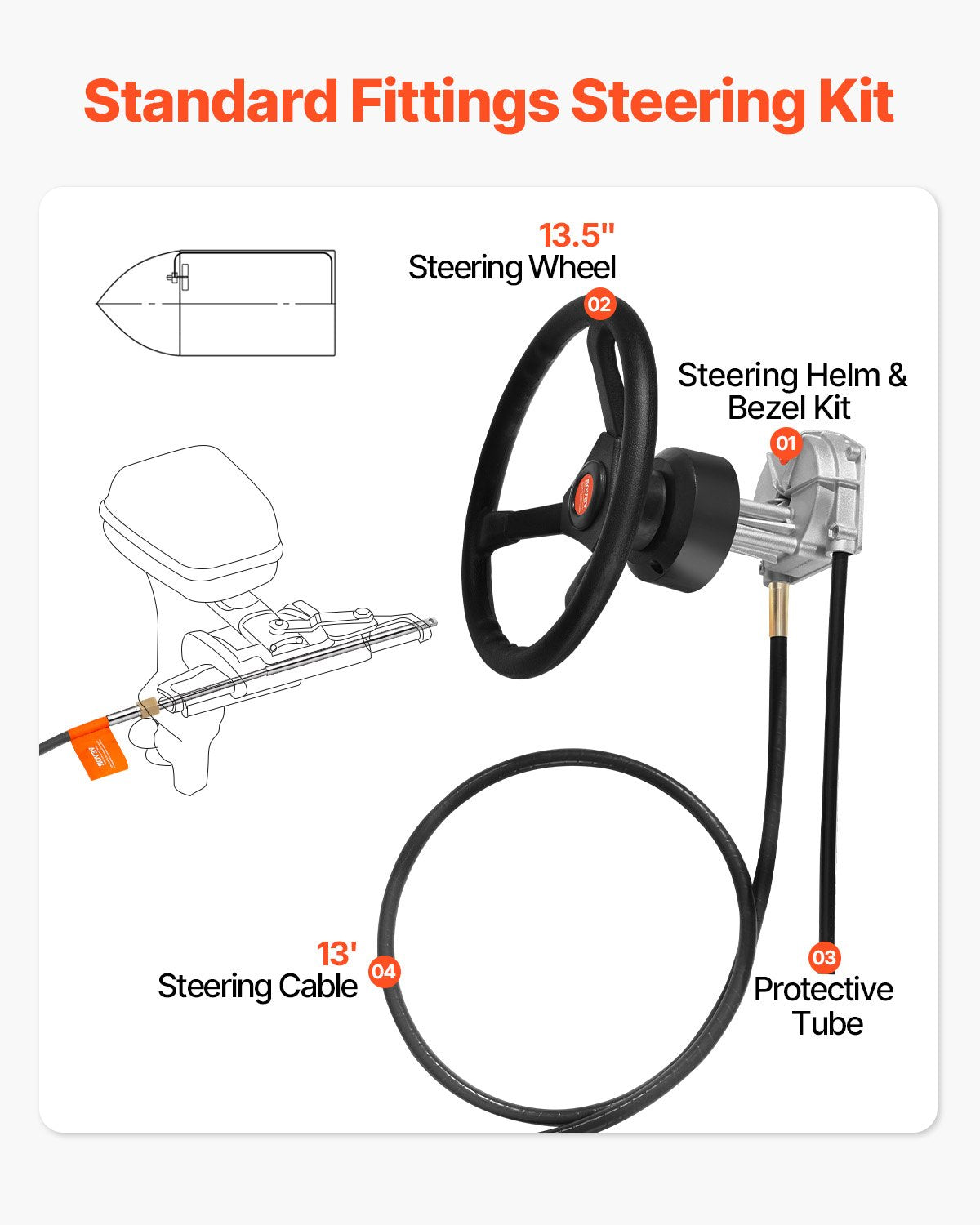 Outboard Steering System 13\' Outboard Rotary Steering System 13 Feet Boat Steering Cable with 13\" Wheel Durable Marine Steering System