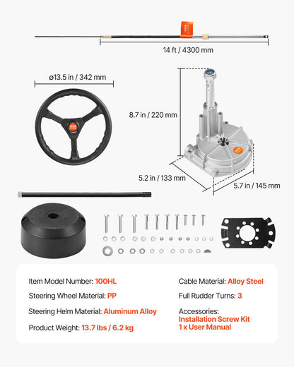 Outboard Steering System 14\' Outboard Steering Kit 14 Feet Boat Steering Cable with 13\" Wheel Durable Marine