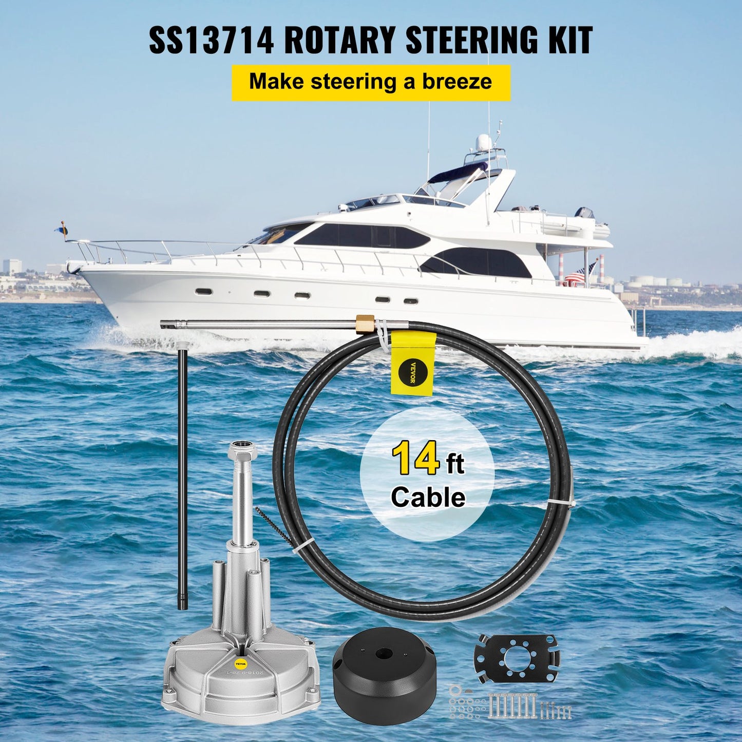 Boat Steering System, Outboard Steering Kit with Boat Steering Control Cable 14' Steering Cable Marine Steering System 3/4" Shaft