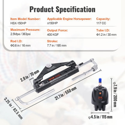 Hydraulic Outboard Steering Kit, 150HP, Marine Boat Hydraulic Steering System, with Helm Pump Two-Way Lock Cylinder and 24 Feet Hydraulic Steering Hose, for Single Station Single-Engine Boats