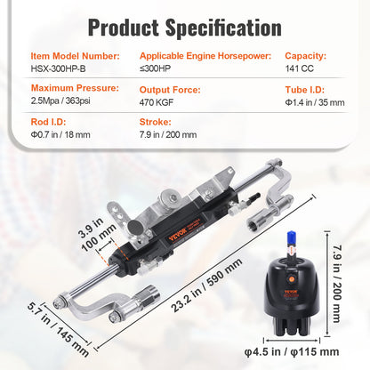 Hydraulic Outboard Steering Kit, 300HP, Marine Boat Hydraulic Steering System, with Helm Pump Two-Way Lock Cylinder and 26 Feet Hydraulic Steering Hose, for Single Station Single-Engine Boats