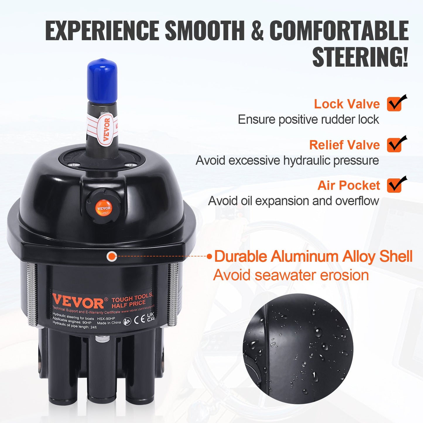 Hydraulic Outboard Steering Kit, 90HP, Marine Boat Hydraulic Steering System, with Helm Pump Two-Way Lock Cylinder and 24 Feet Hydraulic Steering Hose, for Single Station Single-Engine Boats