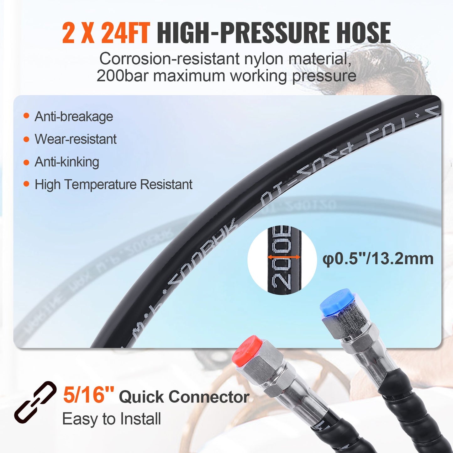 Hydraulic Outboard Steering Kit, 90HP, Marine Boat Hydraulic Steering System, with Helm Pump Two-Way Lock Cylinder and 24 Feet Hydraulic Steering Hose, for Single Station Single-Engine Boats