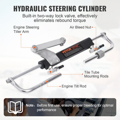 Hydraulic Outboard Steering Kit, 90HP, Marine Boat Hydraulic Styring System, med rorpump tvåvägslåscylinder och 24 fot hydraulisk styrslang, för enkelstations enmotoriga båtar