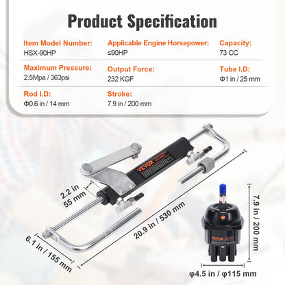 Hydraulic Outboard Steering Kit, 90HP, Marine Boat Hydraulic Steering System, with Helm Pump Two-Way Lock Cylinder and 24 Feet Hydraulic Steering Hose, for Single Station Single-Engine Boats