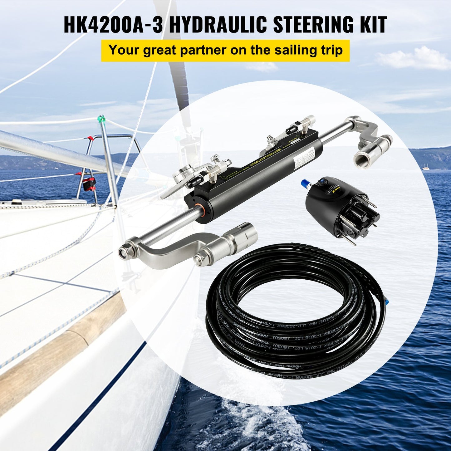 Hydraulic Steering Kit, 300HP Hydraulic Steering Compact Cylinder, Hydraulic Outboard Steering Kit with Helm Pump for Boat Marine Steering System