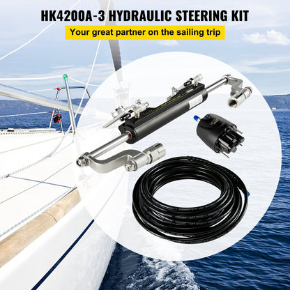 Hydraulic Steering Kit, 300HP Hydraulic Steering Compact Cylinder, Hydraulic Outboard Steering Kit with Helm Pump for Boat Marine Steering System