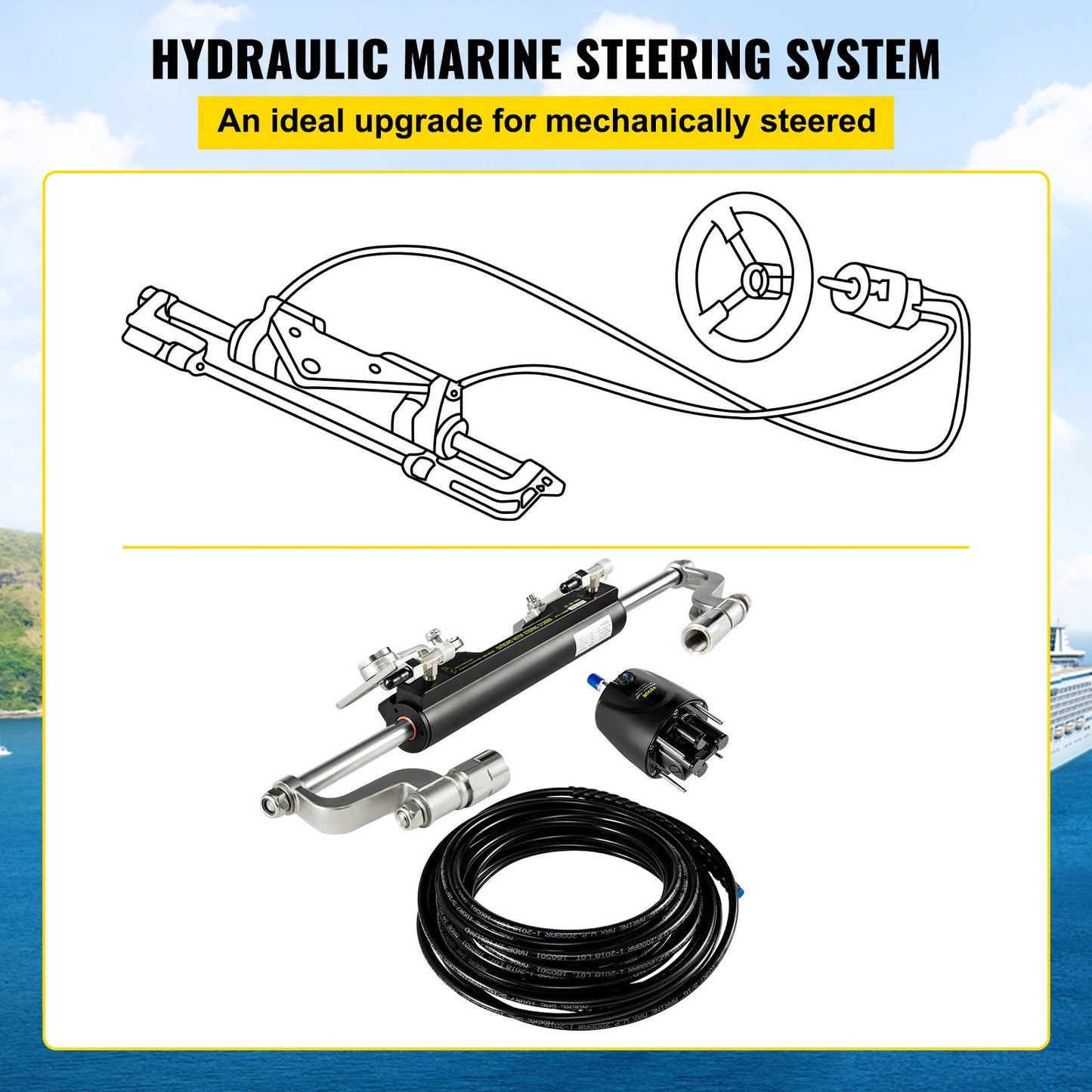 Hydraulic Steering Kit, 300HP Hydraulic Steering Compact Cylinder, Hydraulic Outboard Steering Kit with Helm Pump for Boat Marine Steering System