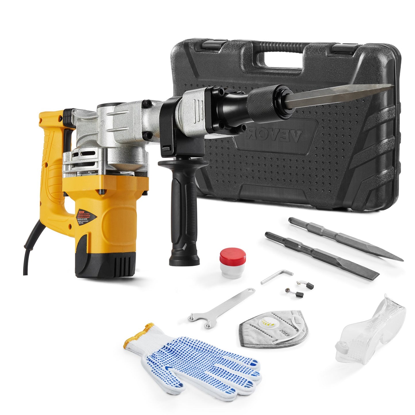 Demolition Jack Hammer, 1400W Electric Jackhammer Heavy Duty, 2900 BPM Jack Hammer Concrete Breaker, with 1 Point Chisel, 1 Flat Chisel, Storage Case, Gloves and Goggles, for Demolition