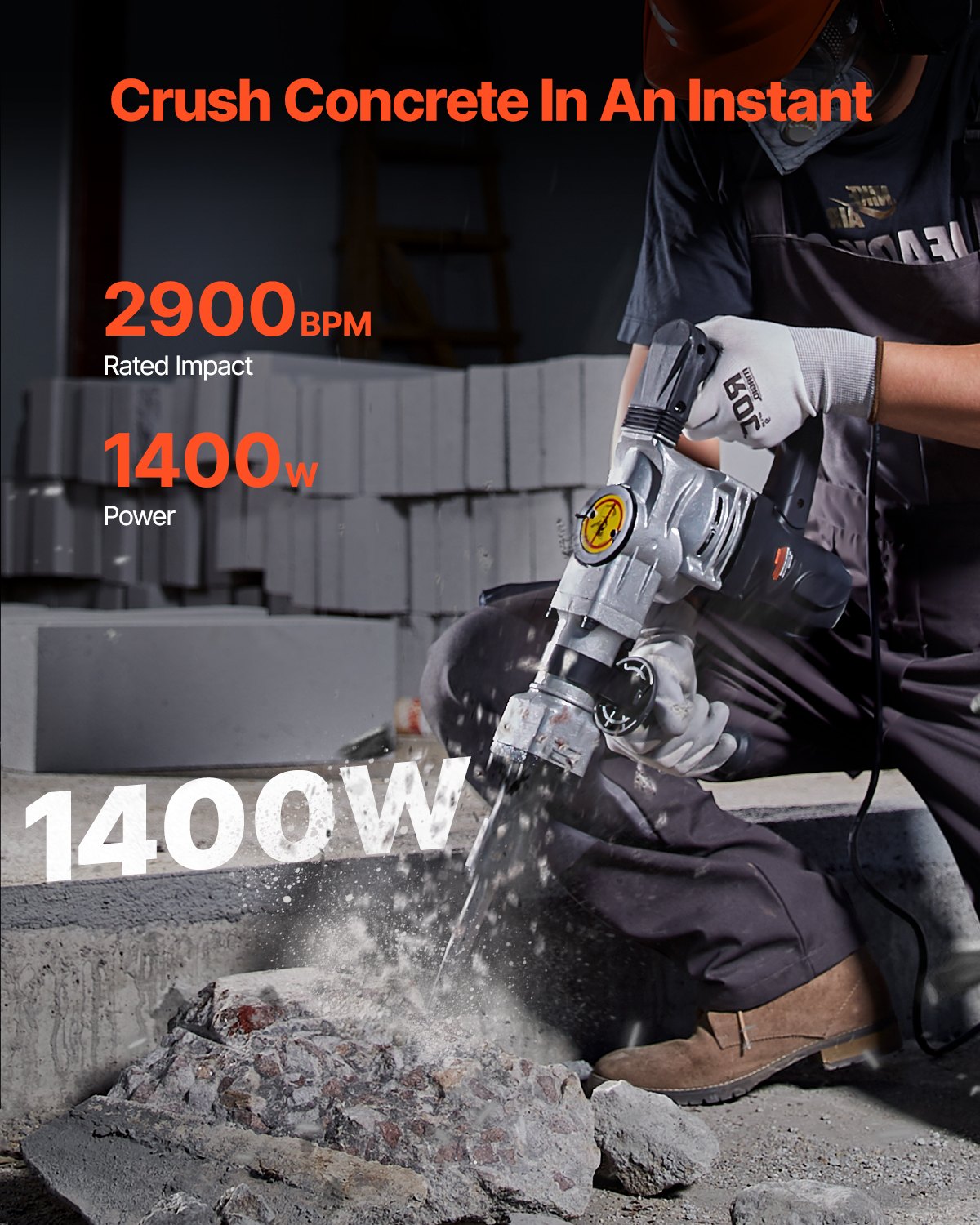 Demolition Jack Hammer, 1400W Electric Jackhammer Heavy Duty, 2pcs Chisels Bits Chipping with Case, 2900 BPM Concrete Breaker, Gloves Black