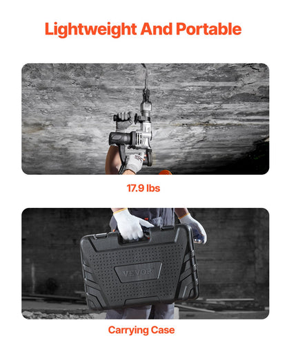 Demolition Jack Hammer, 1400W Electric Jackhammer Heavy Duty, 2pcs Chisels Bits Chipping with Case, 2900 BPM Concrete Breaker, Gloves Black