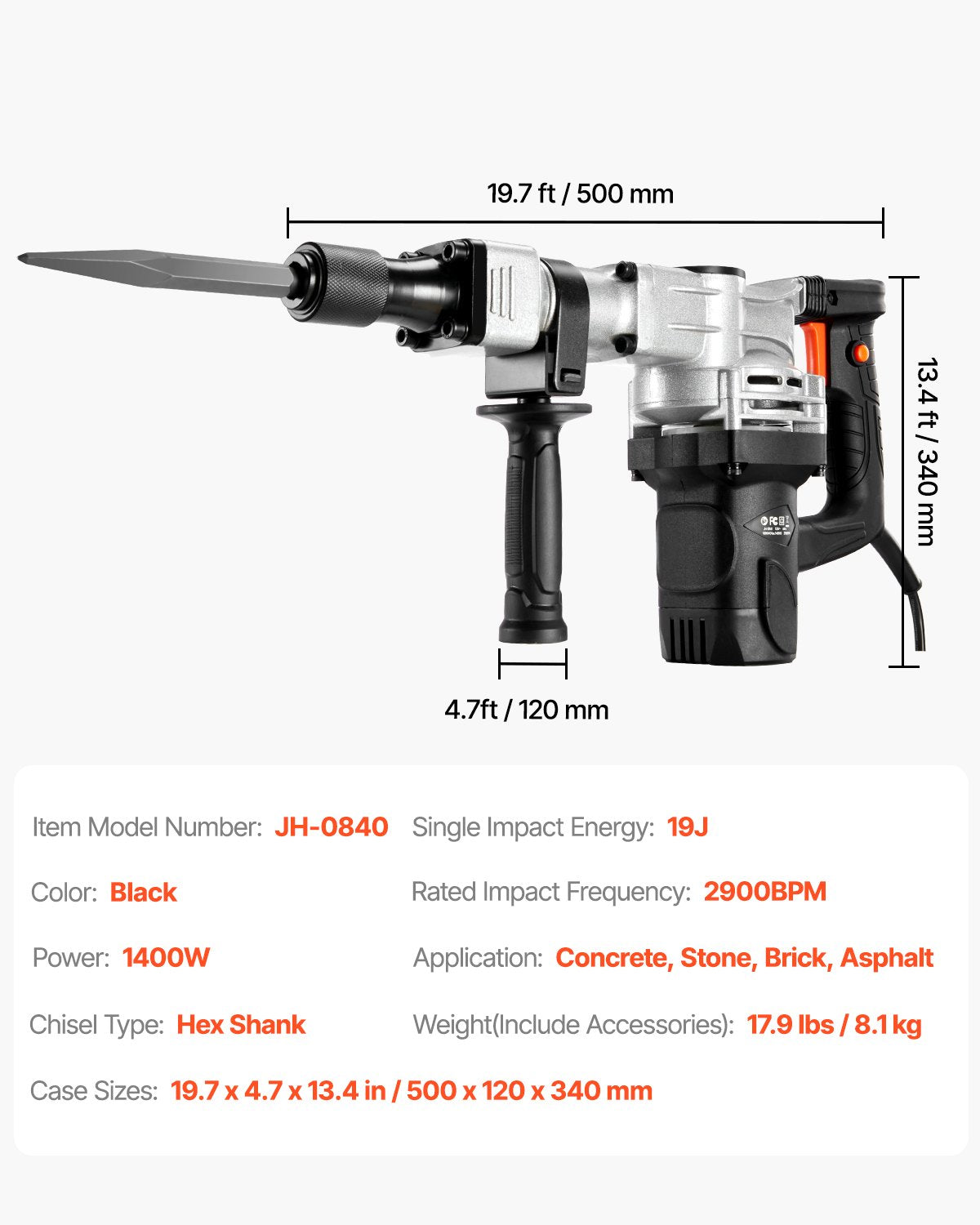 Demolition Jack Hammer, 1400W Electric Jackhammer Heavy Duty, 2pcs Chisels Bits Chipping with Case, 2900 BPM Concrete Breaker, Gloves Black
