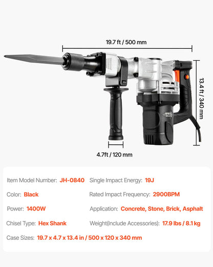 Demolition Jack Hammer, 1400W Electric Jackhammer Heavy Duty, 2pcs Chisels Bits Chipping with Case, 2900 BPM Concrete Breaker, Gloves Black