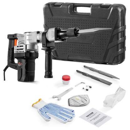 Demolition Jack Hammer, 1400W Electric Jackhammer Heavy Duty, 2pcs Chisels Bits Chipping with Case, 2900 BPM Concrete Breaker, Gloves Black