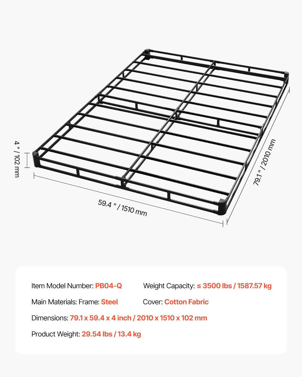 Box Spring, Queen Size Bed Frame with Washable Fabric Cloth, Heavy Duty Metal Frame for Queen Bed, 4 in Mattress Foundation, 3500 lbs Max Weight Capacity, Easy Assembly, 79.1 L x 59.4 W x 4 H in