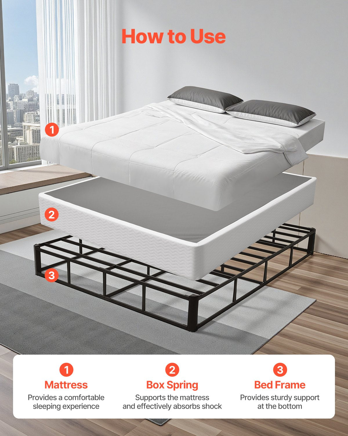 Box Spring, Queen Size Bed Frame with Washable Fabric Cloth, Heavy Duty Metal Frame for Queen Bed, 9 in Mattress Foundation, 3500 lbs Max Weight Capacity, Easy Assembly, 79.1L x 59.6W x 9.1H in