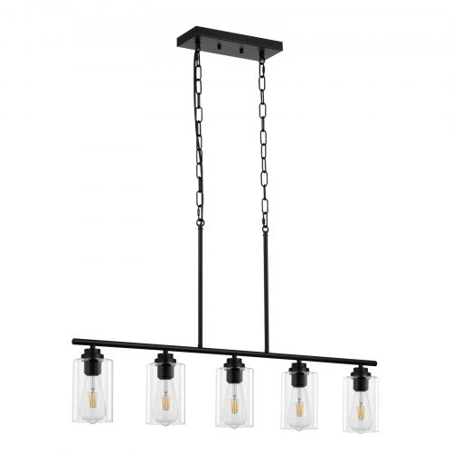 5-Light Kitchen Island Pendant Lights, 60W, Adjustable Dining Room Light Fixture with Clear Glass Lampshade 4 Rods 2 Metal Chains, Metal Frame Farmhouse Linear Chandeliers for Dining Room, E26