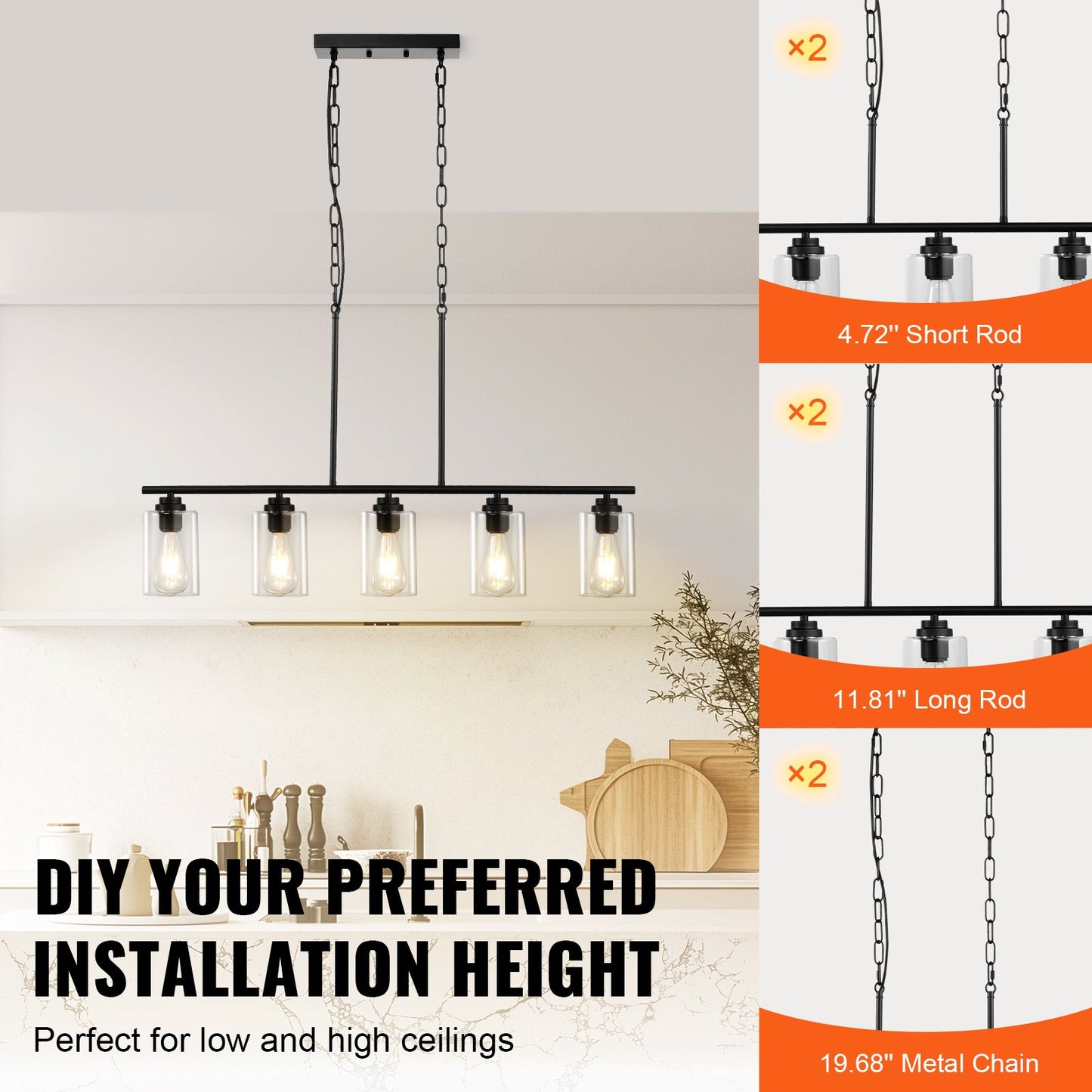 5-Light Kitchen Island Pendant Lights, 60W, Adjustable Dining Room Light Fixture with Clear Glass Lampshade 4 Rods 2 Metal Chains, Metal Frame Farmhouse Linear Chandeliers for Dining Room, E26