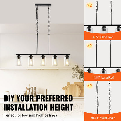 5-Light Kitchen Island Pendant Lights, 60W, Adjustable Dining Room Light Fixture with Clear Glass Lampshade 4 Rods 2 Metal Chains, Metal Frame Farmhouse Linear Chandeliers for Dining Room, E26