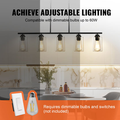 5-Light Kitchen Island Pendant Lights, 60W, Adjustable Dining Room Light Fixture with Clear Glass Lampshade 4 Rods 2 Metal Chains, Metal Frame Farmhouse Linear Chandeliers for Dining Room, E26