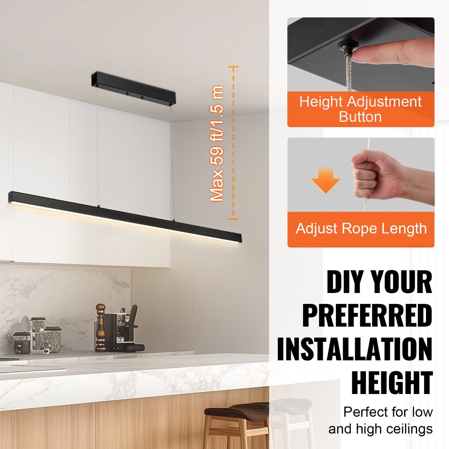 Dimmable Linear Pendant Light, 20W, 47 in LED Linear Light Fixture Chandelier with Acrylic Lampshade 3000K / 4000K / 6500K Color Temperature Adjustable Height, for Dining Room Kitchen Island