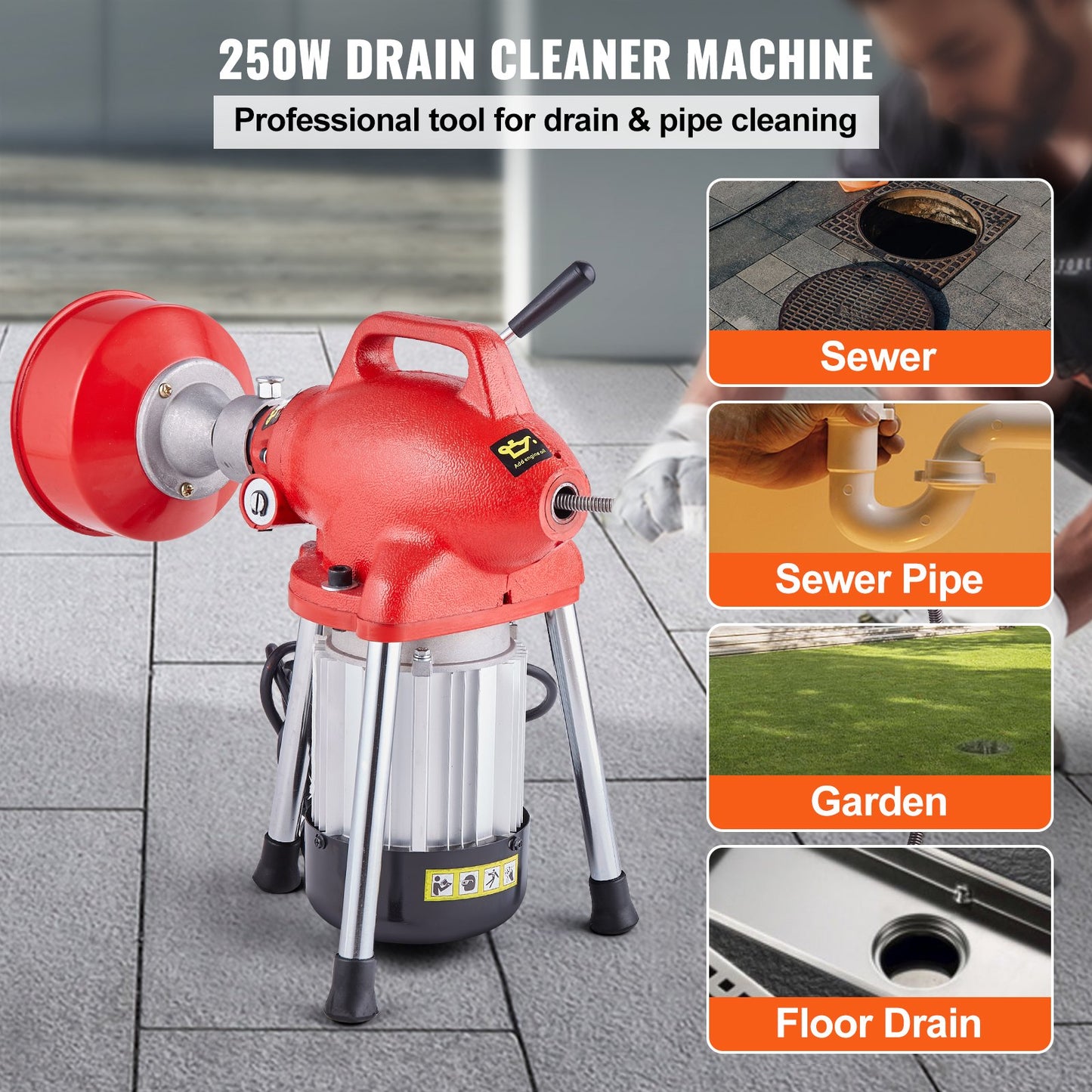 Sewer Cleaning Machine 66FT x 5/8In 250W Sectional Worm Auger Manual Feed