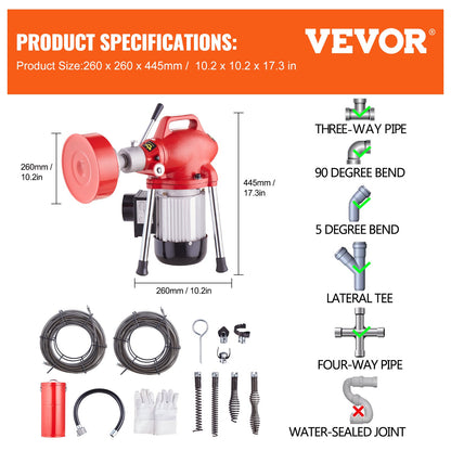 Drain Cleaner Machine 120FT x 5/8In 370W Sectional Snake Auger Manual Feed