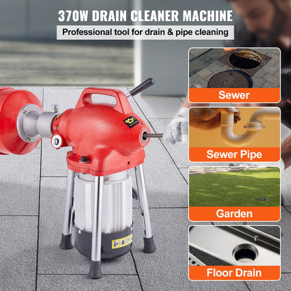 Sewer Cleaning Machine 120FT x 5/8In 370W Sectional Worm Auger Manual Feed