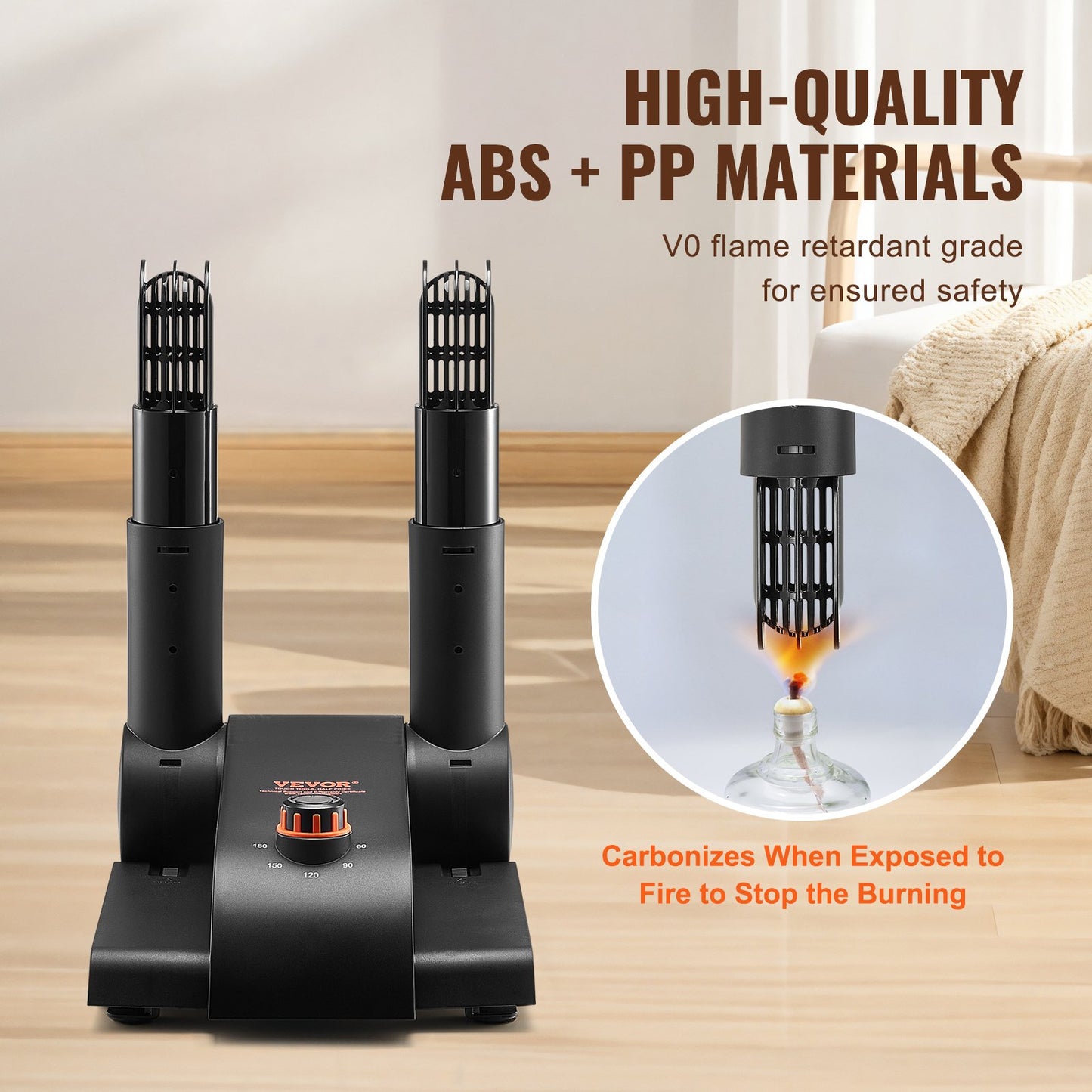 180° Foldable 2 Tubes Shoe Dryer, Portable Boot Dryer with Timer, Boot Warmers/Dryer with Heat Blower & PP(V0 Flame Retardant) for Snow Boots, Leather Shoes, Canvas Shoes, Socks, Black & Orange