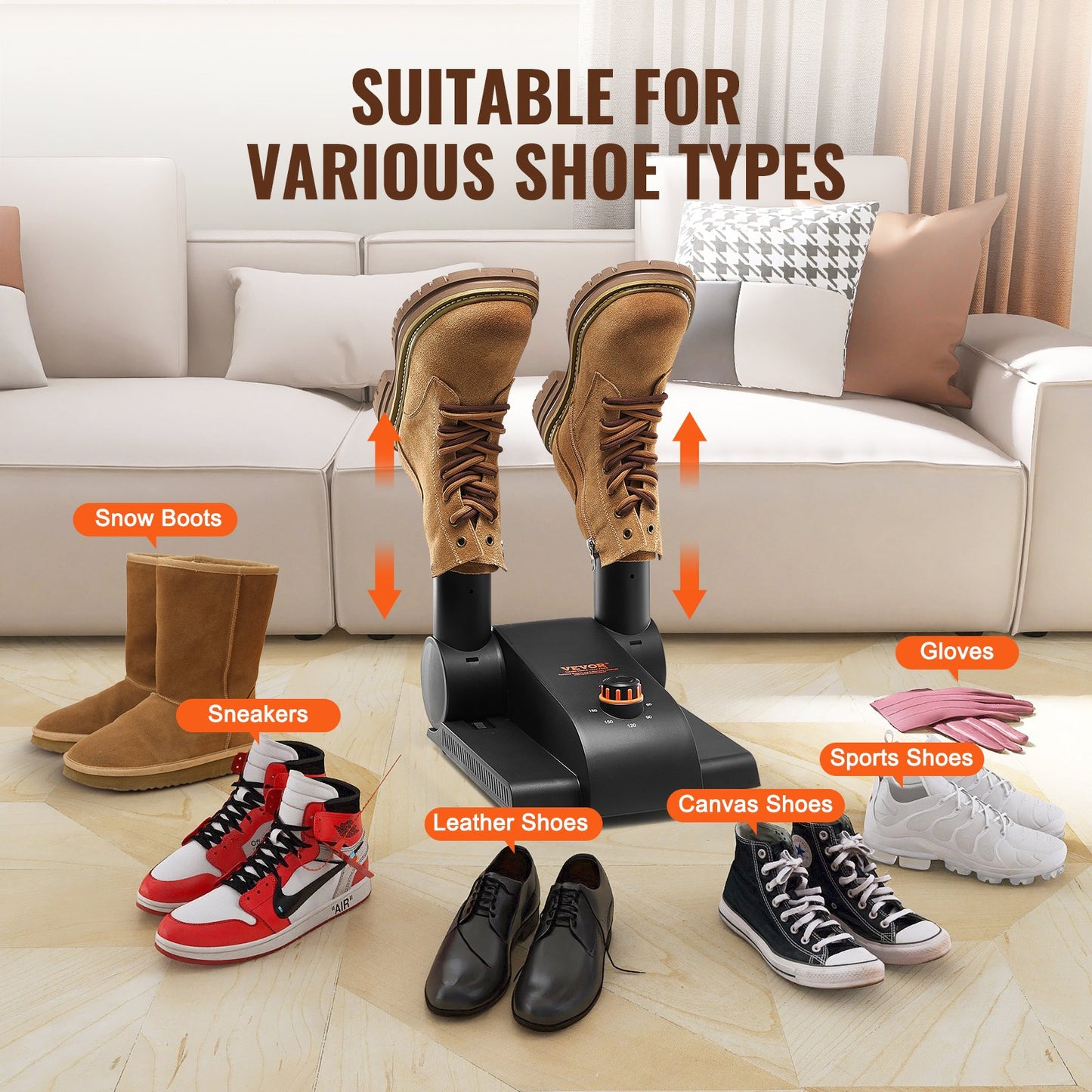 180° Foldable 2 Tubes Shoe Dryer, Portable Boot Dryer with Timer, Boot Warmers/Dryer with Heat Blower & PP(V0 Flame Retardant) for Snow Boots, Leather Shoes, Canvas Shoes, Socks, Black & Orange
