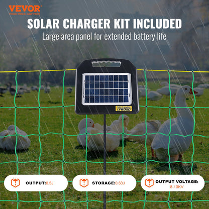 Electric Fence Net, 48" H x 100" L, PE Mesh Fence with Solar Charger/Posts/Double Spikes, Portable Net for Chickens, Ducks, Geese, Rabbits, Used in Backyards, Farms, Ranches