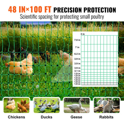 Electric Fence Net, 48" H x 100" L, PE Mesh Fence with Solar Charger/Posts/Double Spikes, Portable Net for Chickens, Ducks, Geese, Rabbits, Used in Backyards, Farms, Ranches