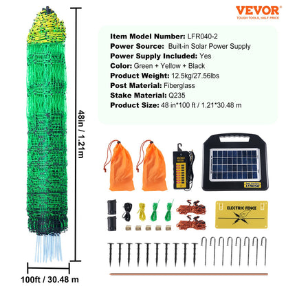 Electric Fence Net, 48" H x 100" L, PE Mesh Fence with Solar Charger/Posts/Double Spikes, Portable Net for Chickens, Ducks, Geese, Rabbits, Used in Backyards, Farms, Ranches