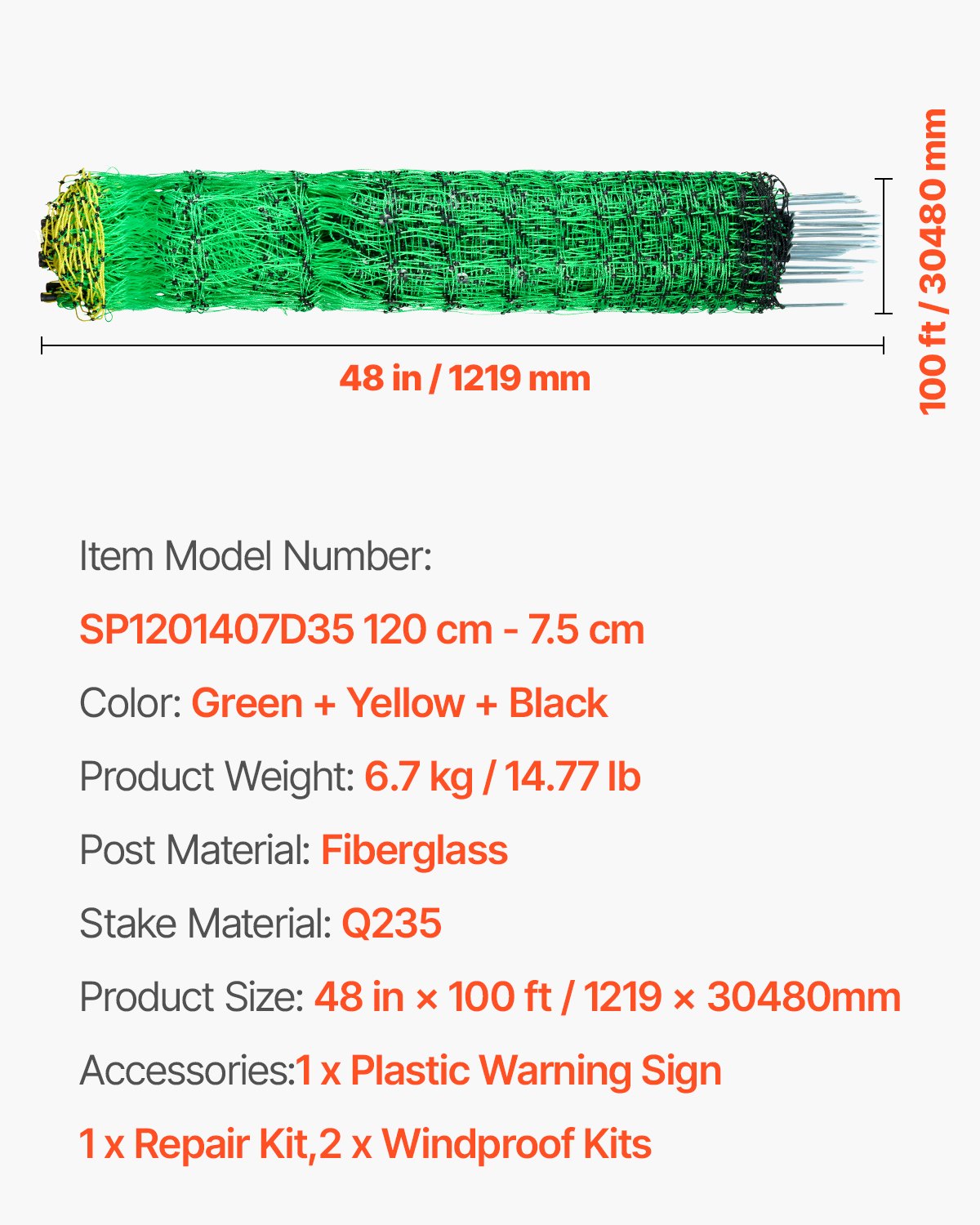 Electric Fence Netting, 48" H x 100' L, PE Net Fencing Kit with Posts & Double-Spiked Stakes, Utility Portable Mesh for Chickens, Ducks, Geese, Rabbits, Used in Backyards, Farms, and Ranches