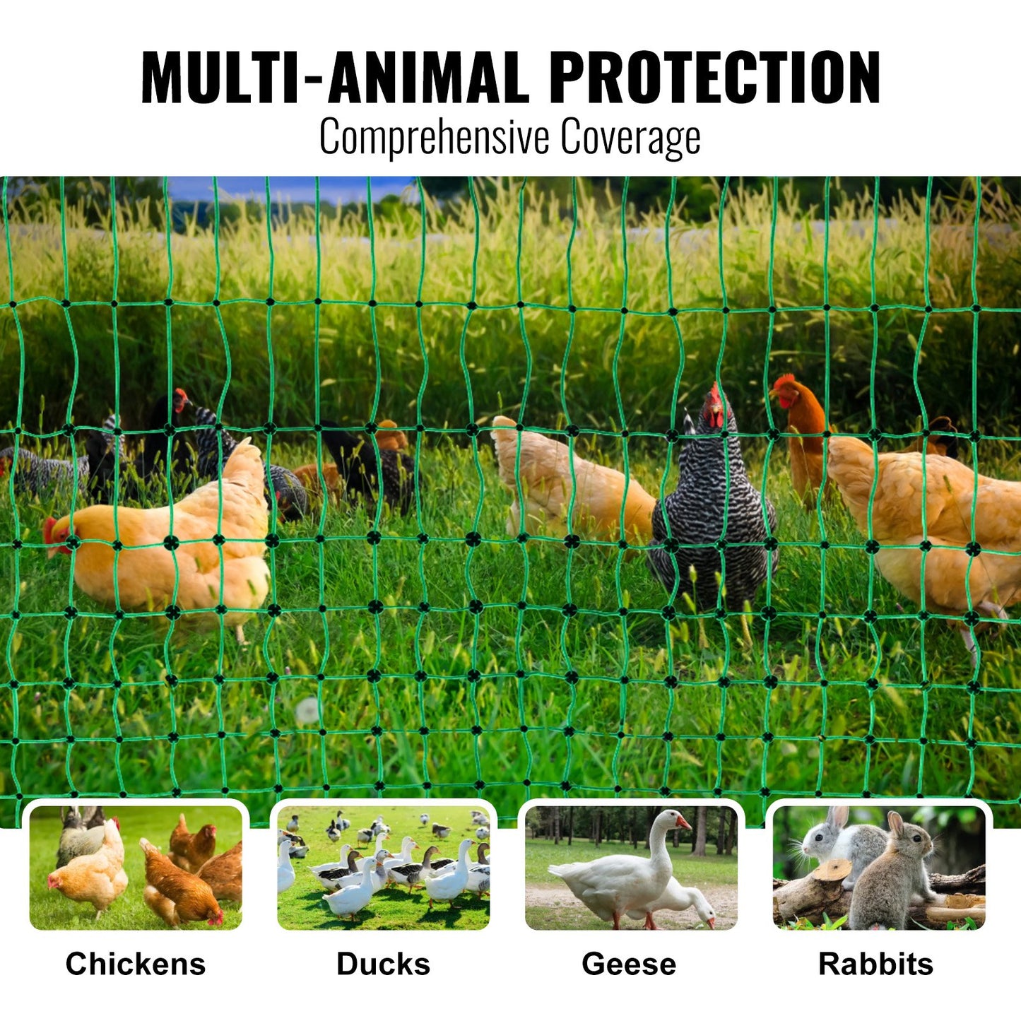 Electric Fence Netting, 48" H x 168' L, PE Net Fencing Kit with Posts & Double-Spiked Stakes, Utility Portable Mesh for Chickens, Ducks, Geese, Rabbits, Used in Backyards, Farms, and Ranches